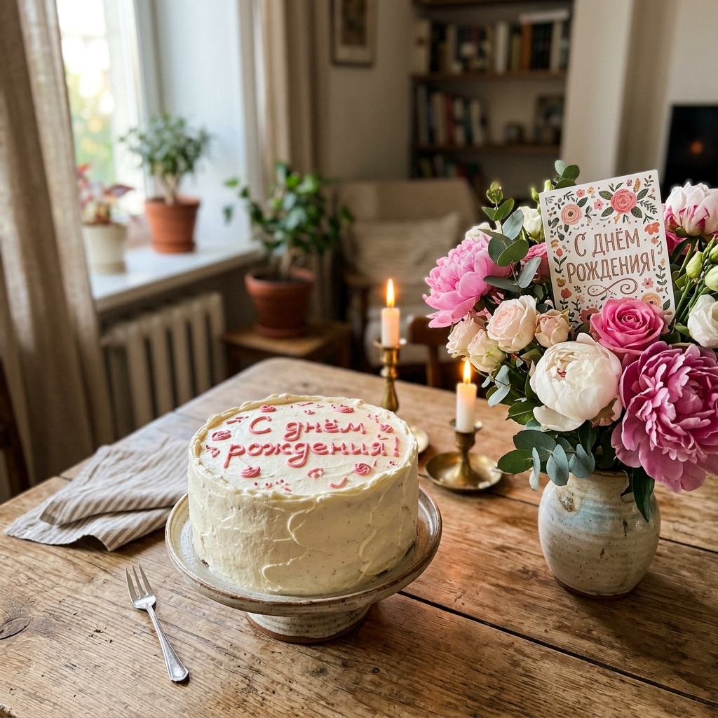 Праздничный стол с тортом и цветами